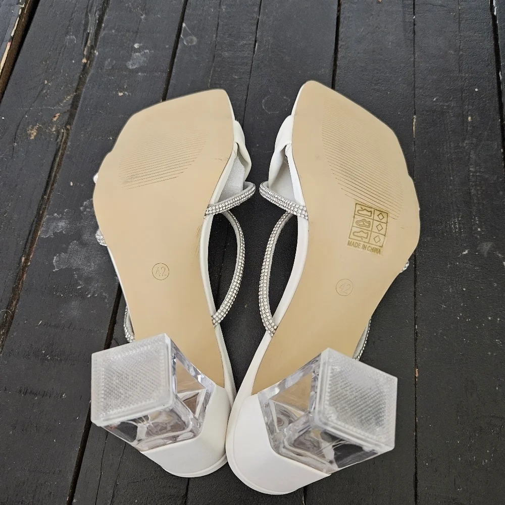 Elegant White Women's Heels with Crystal Accents NIB Women's 11 42 Square Toe